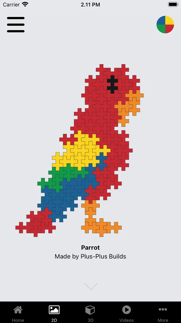 Plus-Plus App 2D parrot build instructions on a phone