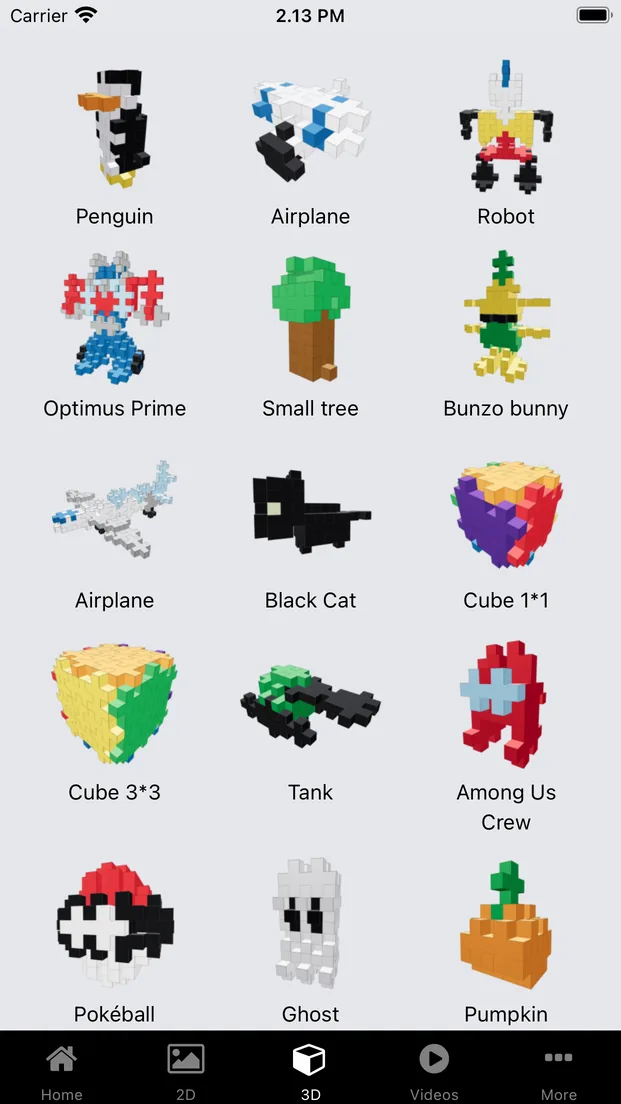 Plus-Plus App 3D builds gallery with community models