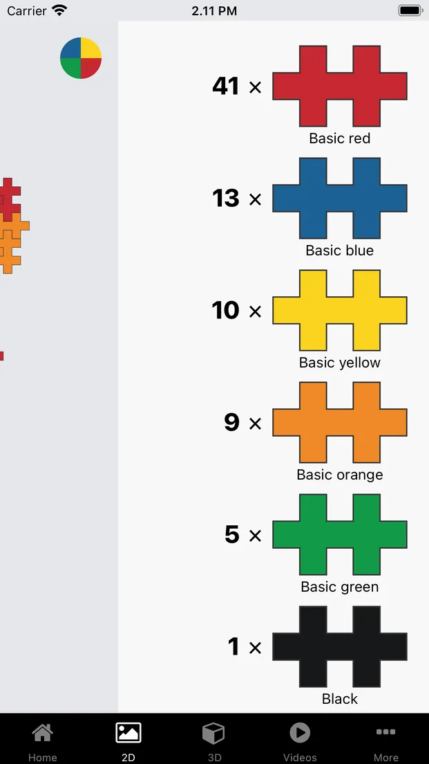 Plus-Plus App color and block count for a 2D build