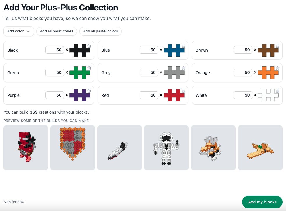 Add your Plus-Plus collection screen