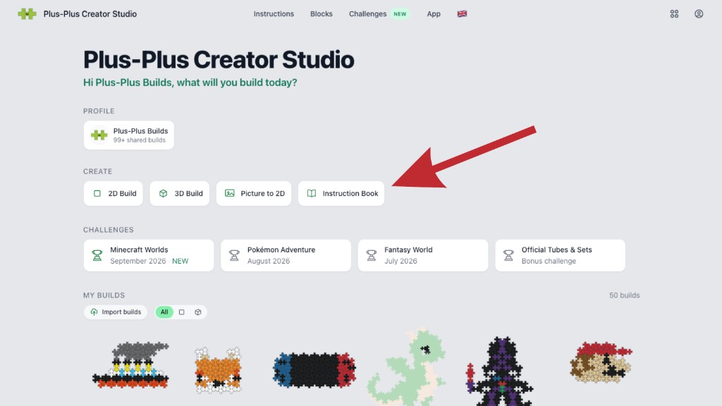 Creator Studio Create section highlighting Instruction Book next to 2D, 3D, and Picture to 2D tools