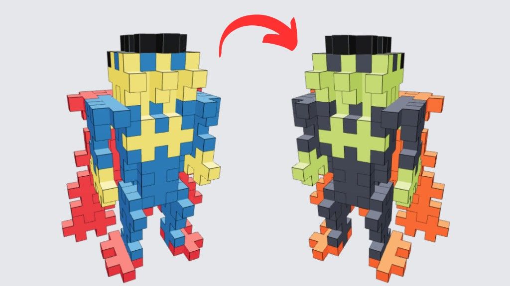 Superman to Zombieman Plus-Plus transformation showing the same 3D build in classic colors and Spooky Mix Halloween colors Superman to Zombieman Plus-Plus transformation showing the same 3D build in classic colors and Spooky Mix Halloween colors
