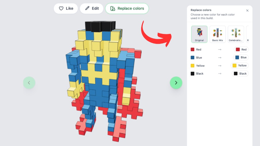Plus-Plus Creator Studio 3D instructions with a red arrow pointing to the Replace colors button and the Original tube mix selected
