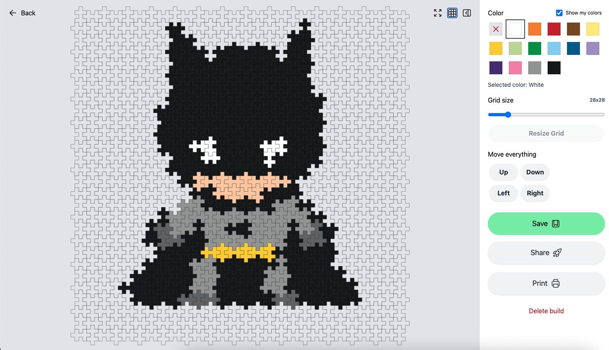 Plus-Plus 2D builder showing only colors you own