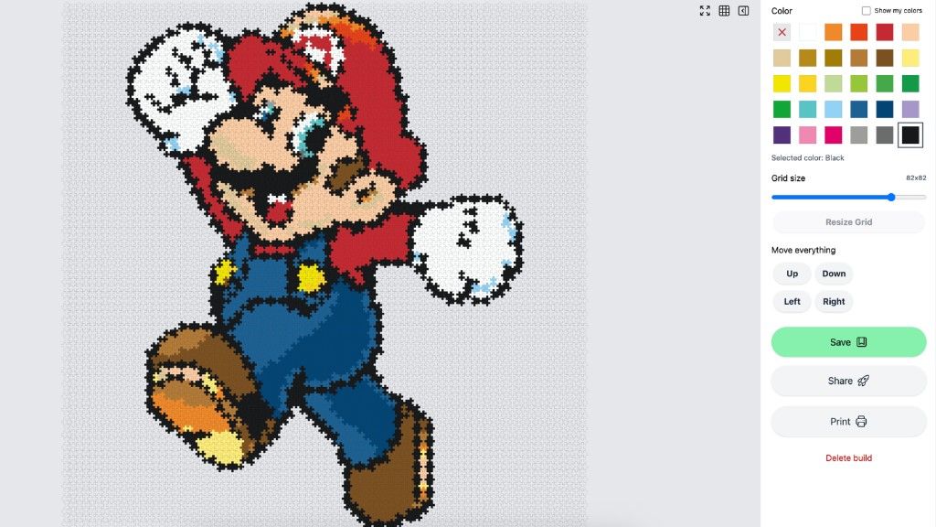Edit a Plus-Plus 2D mosaic build with color palette, grid resize, save, share, and print options