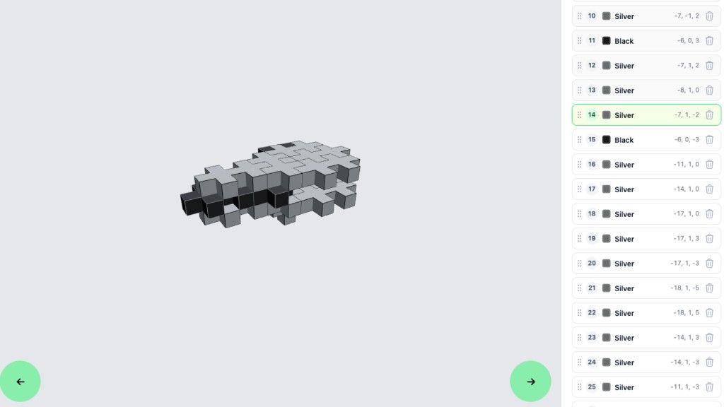 Plus-Plus Creator Studio step sidebar with highlighted current step, block coordinates, and step navigation arrows