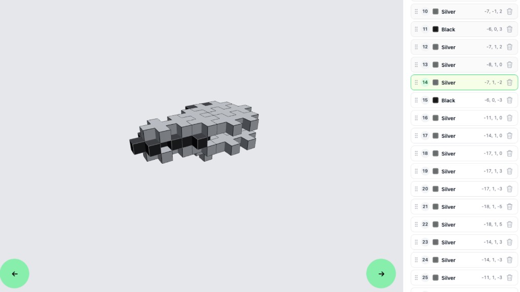 Plus-Plus Creator Studio step sidebar with highlighted current step, block coordinates, and step navigation arrows