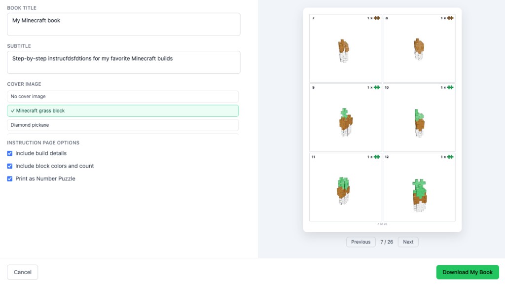 Step-by-step Plus-Plus 3D instructions in a printable book showing build steps with piece counts