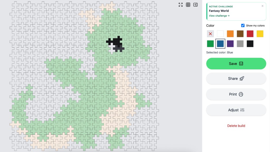 Plus-Plus Creator Studio 2D editor showing a dragon build with the Fantasy World active challenge badge