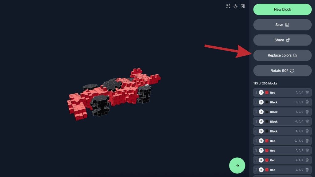 Plus-Plus Creator Studio 3D builder highlighting the Replace colors button next to a red and black race car build