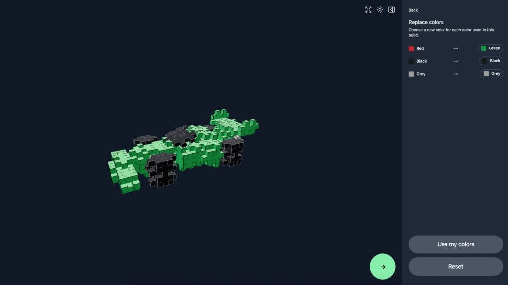 Plus-Plus Creator Studio Replace colors panel mapping red to green on a 3D race car build in dark mode