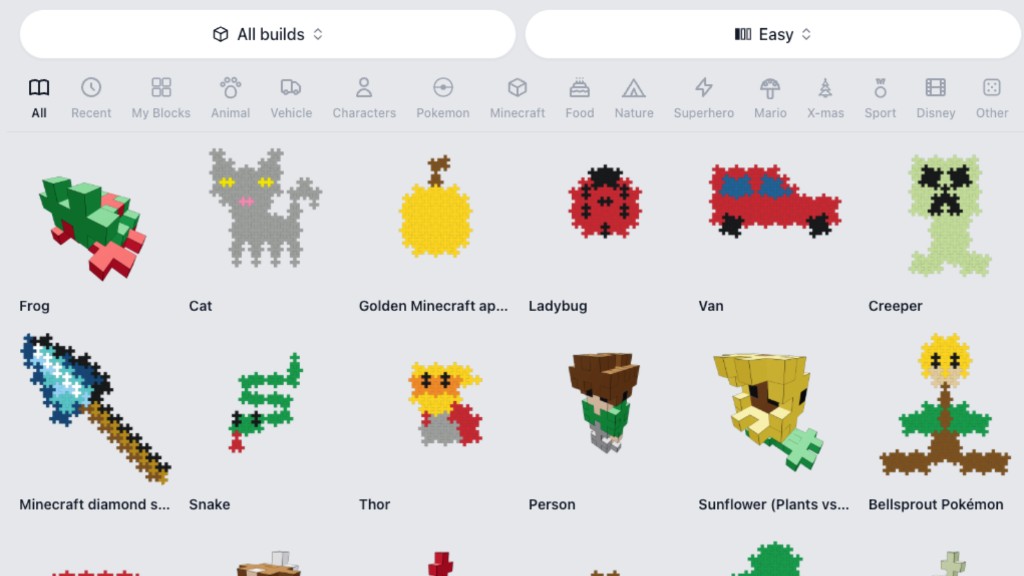 Plus-Plus instructions filtered to easy difficulty showing frog, cat, golden apple, ladybug, van, and creeper builds