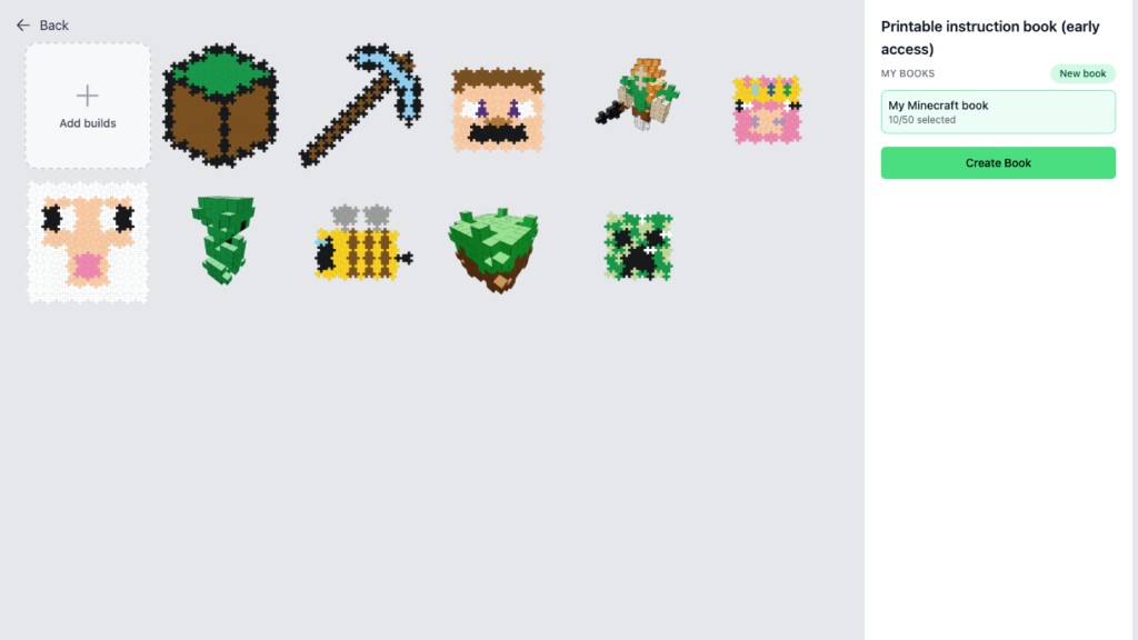 Printable Plus-Plus Minecraft instruction book with 10 selected 2D and 3D builds ready to create