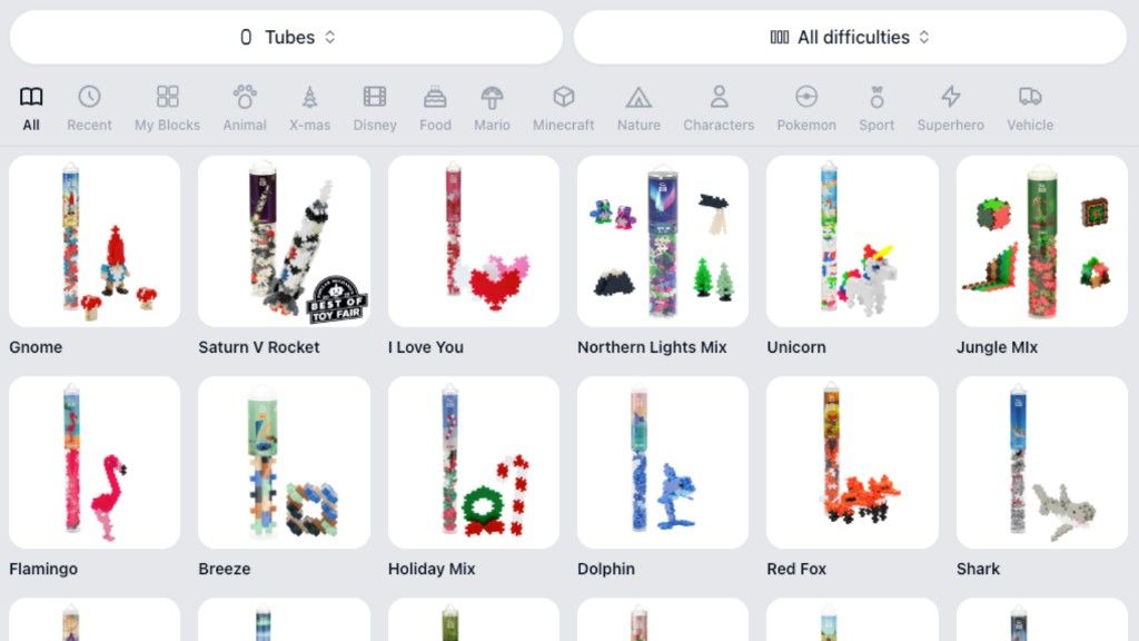 Official Plus-Plus tube instructions including gnome, Saturn V rocket, unicorn, flamingo, dolphin, and shark tubes