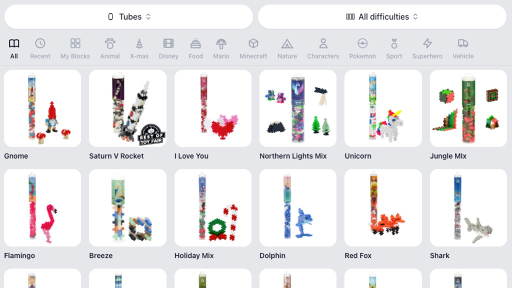 Official Plus-Plus tube instructions including gnome, Saturn V rocket, unicorn, flamingo, dolphin, and shark tubes
