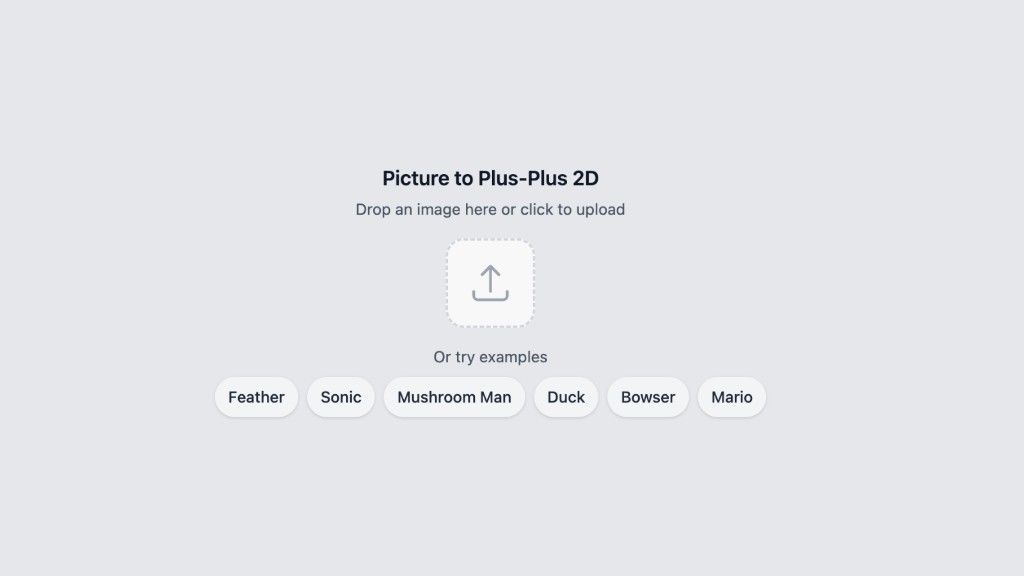 Picture to Plus-Plus 2D upload screen with example image buttons for Feather, Sonic, Mario, and more