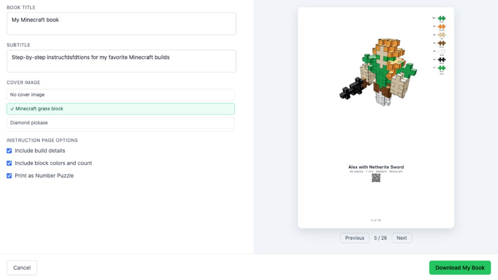 Printable Plus-Plus Minecraft instruction book cover preview with title, subtitle, and grass block cover image