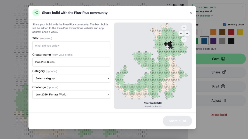 Share build modal in Creator Studio with July 2026 Fantasy World challenge selected
