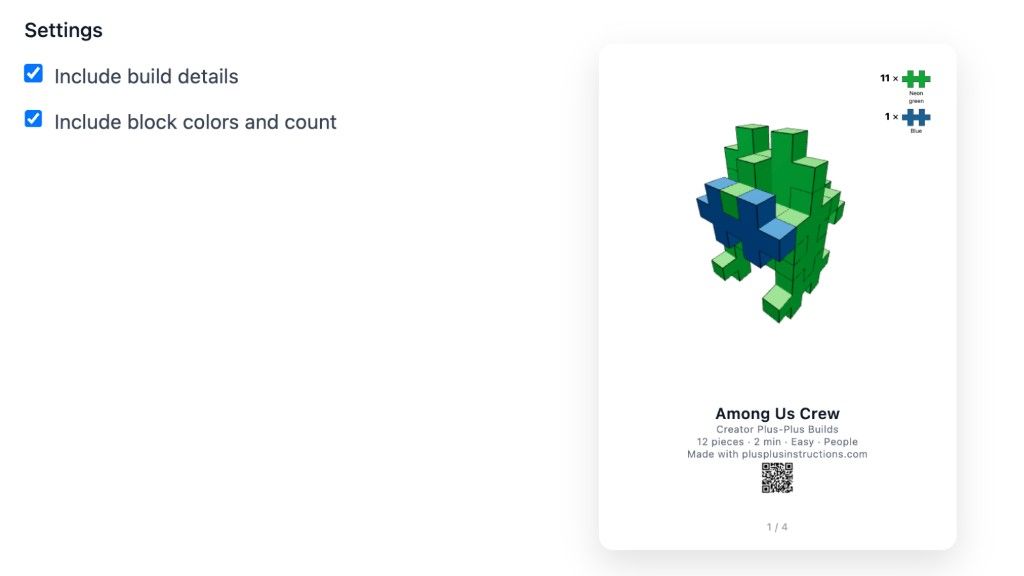 Print settings showing block colors and counts for a custom Plus-Plus build