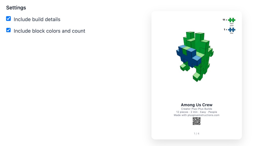 Print settings showing block colors and counts for a custom Plus-Plus build