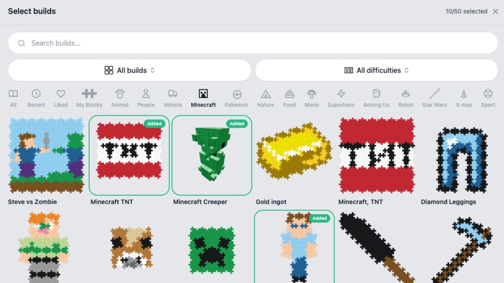 Select Plus-Plus Minecraft builds for a custom instruction book with search, filters, and 10 of 50 selected