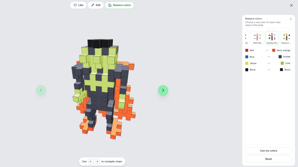 Creator Studio Replace colors panel with Spooky Mix selected, turning Superman into a lime green and neon orange Zombieman